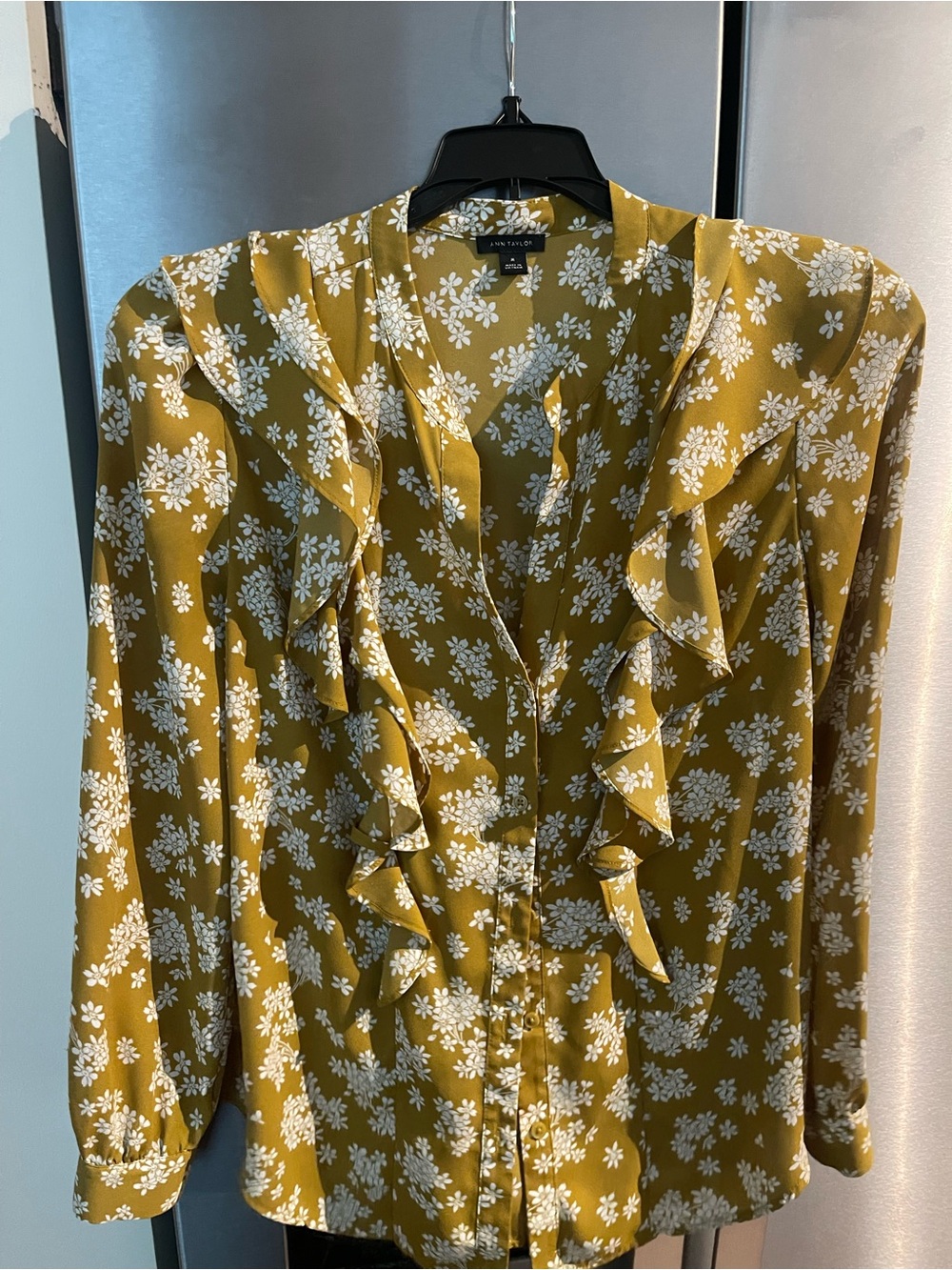 Ann Taylor Olive Green Floral Ruffle Blouse
